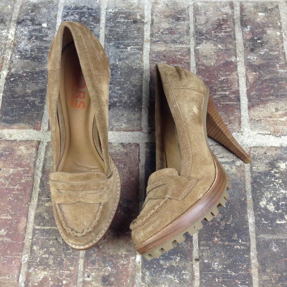 Michael Kors Tan Penny Loafer Suede Heels 9.5